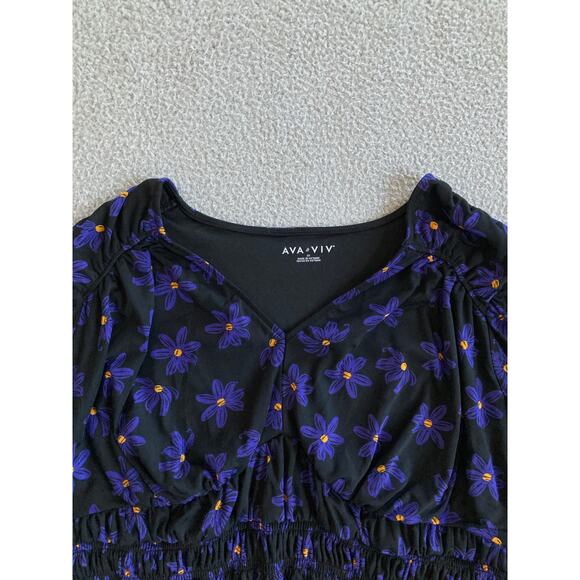 Ava & Viv Top 2X Floral V-Neck Stretch Short Sleeve Flare Blue Black Blouse - Picture 5 of 16